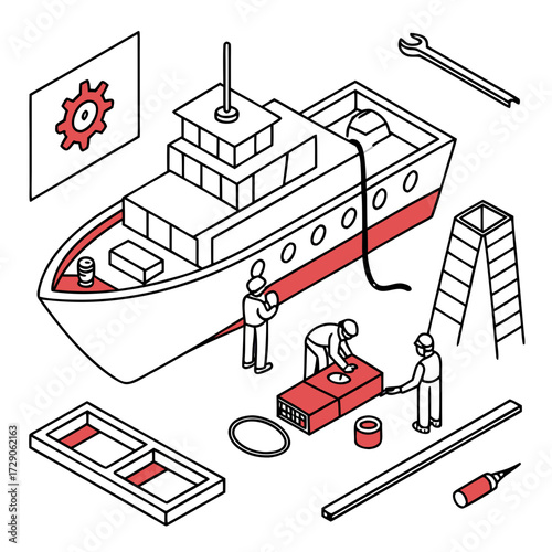 Isometric illustration of a boat undergoing construction and repair with workers and tools