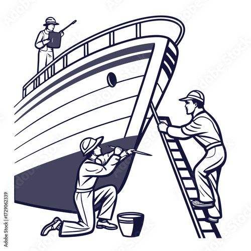 Shipyard workers in uniform meticulously painting the hull of a large vessel with brushes and paint buckets