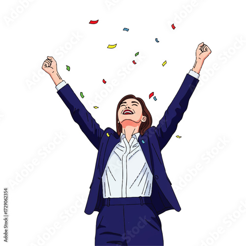 An ecstatic businesswoman in a blue suit raises her arms in celebration under falling confetti.