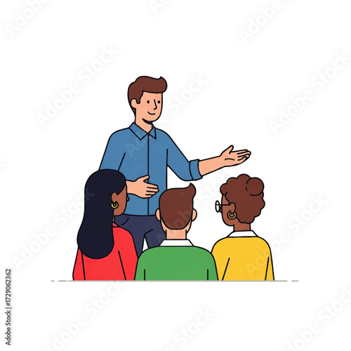 A man in a blue shirt gestures while speaking to a diverse group of people seated in front of him.