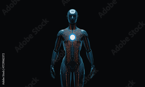 Futuristic AI robot, glowing core, cybernetic anatomy, digital intelligence, sleek design, advanced technology, machine learning, sci-fi concept, innovation, robotics