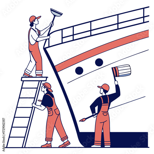 Team of workers in uniform cleaning and painting a large ship with tools and ladders