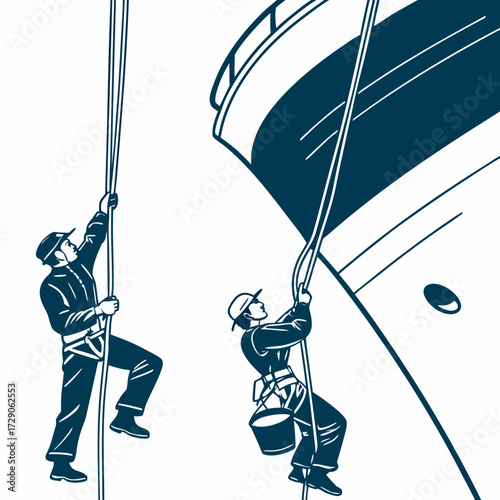 Two workers rappelling down a large ship hull for maintenance and cleaning services