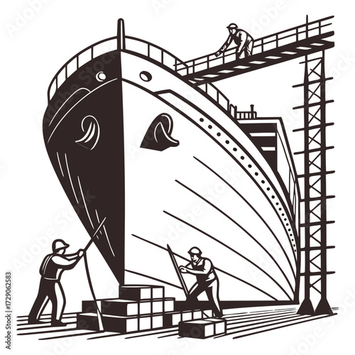 Workers diligently construct a grand ship in a stylized illustration depicting maritime industry and labor
