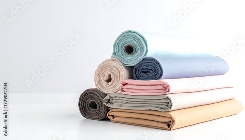 Stack of Rolled and Folded Fabrics in Various Colors on White Background.