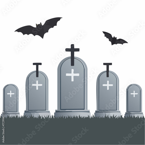 Spooky Halloween cemetery scene with gravestones, crosses, and flying bats against a white background