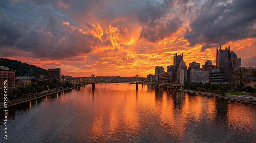 Fototapeta premium Pittsburgh Skyline at Sunset with Fiery Sky Reflection