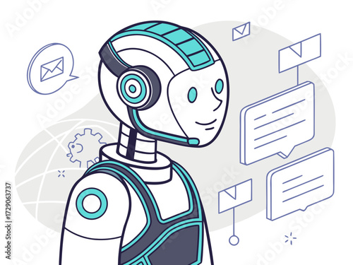 AI agent or assistant concept. An abstract humanoid robot holds a cute digital hologram of futuristic bot on a palm. Artificial Intelligence innovation vector illustration. Blue technology background.