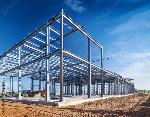 steel frame building under construction against a blue sky