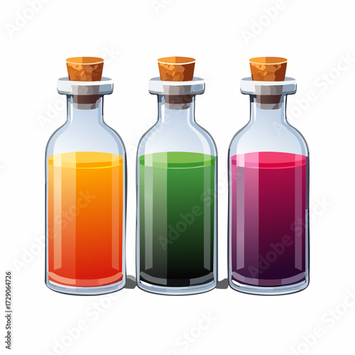 Colorful potion bottles with various liquid colors, perfect for fantasy or science projects