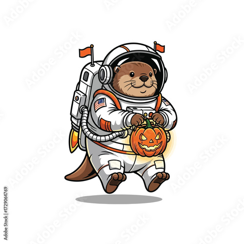 Astronaut Otter Holding Pumpkin Halloween Costume in Space.