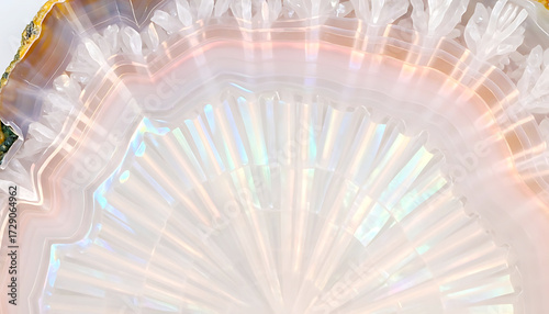 Close-up of a stunning iridescent agate geode slice, showcasing layered bands and sparkling quartz crystals with rainbow reflections