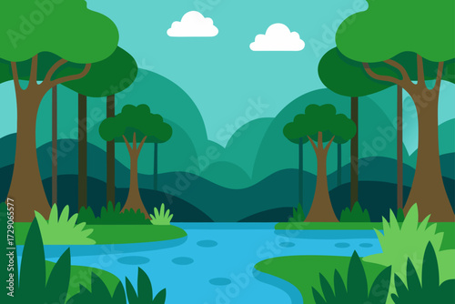 landscape with trees and river
