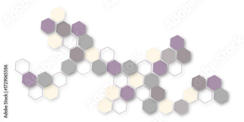 A minimalist abstract background with a flowing wave of layered, connected hexagons in pastel purple, gray, and beige, creating a subtle, technical, and elegant geometric design element.