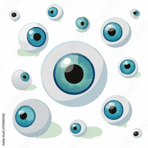An assortment of realistic cartoon eyeballs in varying sizes scattered across a white background, conveying a sense of being watched