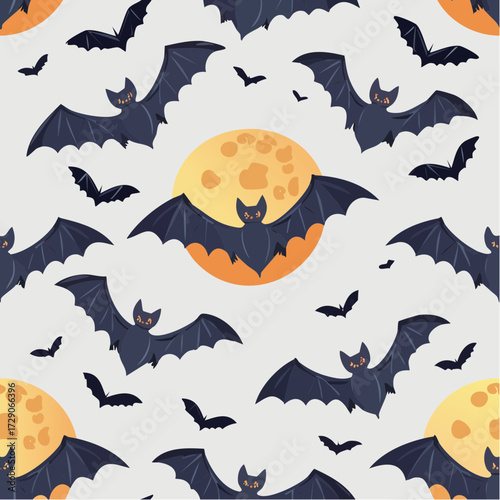Seamless Halloween Pattern with Bats and a Full Moon, Perfect for Spooky Decorations and Festive Designs