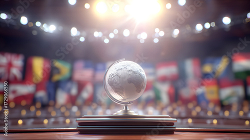 Global summit concept with a symbolic globe on a podium against a backdrop of flags