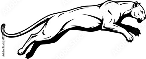 Dynamic black and white vector illustration of a powerful wild cat, a leaping cougar or panther, ideal for sports mascots, logos, or wilderness designs.