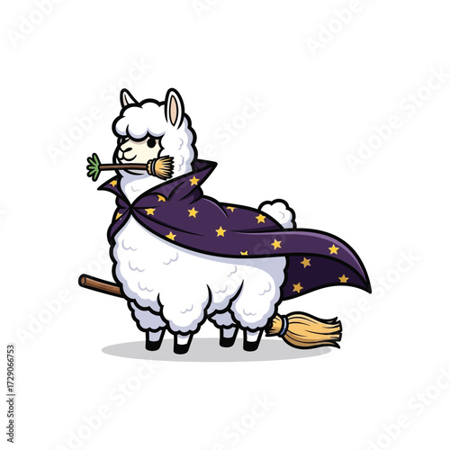 Cute cartoon alpaca wizard flying on a broomstick with a magic wand.