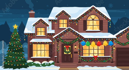 Festive Christmas House Decorated with Lights and Snowy Roof with Christmas Tree
