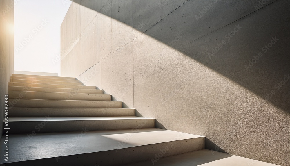Fototapeta premium sunlight streaming on minimalist concrete stairs with textured wall