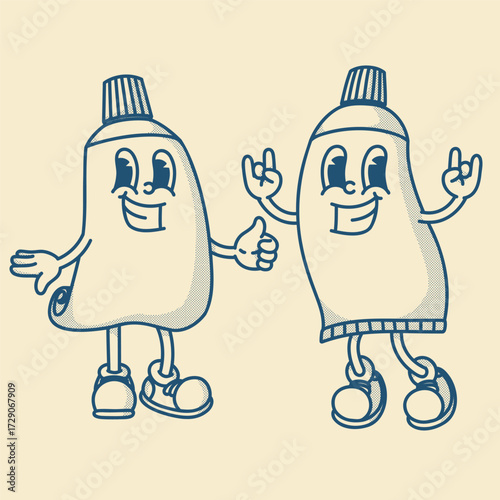 Playful retro toothpaste & cream mascots duo. Charming vintage vector art for oral care & cosmetic packaging