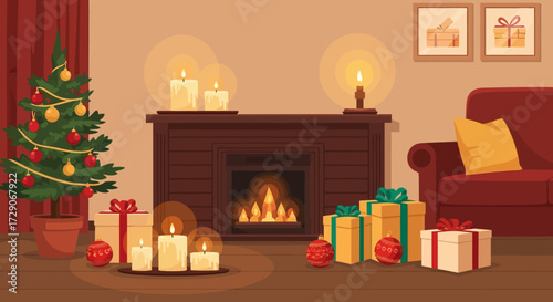 Festive christmas ambiance with a cozy fireplace a decorated tree and beautifully wrapped gifts