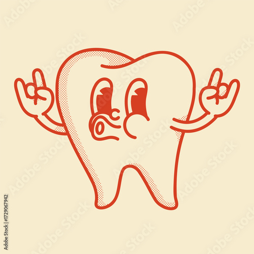 Happy smiling retro tooth mascot. Dentistry icon, dentist logo. Thumbs up, rock gesture