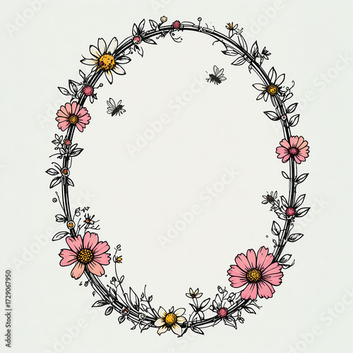 Floral Oval Frame with Pink and Yellow Flowers and Butterflies for Nature and Decoration