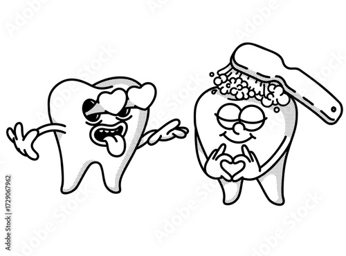 Smiling retro mascot teeth. Toothbrush cleans tooth with toothpaste. Dentistry icon, dentist logo. Love gesture. Eyes like hearts