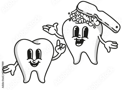 Smiling retro mascot teeth. Toothbrush cleans tooth with toothpaste. Dentistry icon, dentist logo. Hand up, finger up