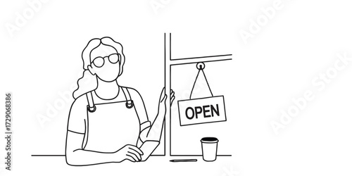 Minimalist one-line drawing of a successful small business owner standing confidently at the entrance of a café, representing entrepreneurship, pride, welcoming customers in a modern business setting.