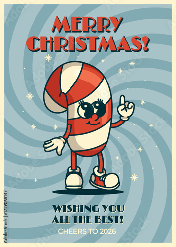 Vintage candy cane mascot Christmas card with red and white stripes jolly greeting for new year 2026 celebrations