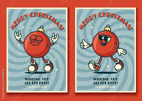 Vintage Christmas card set with red ornament mascots jolly tis the season design with snowflakes and glitter