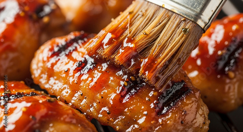 Macro of sticky barbecue glaze brushed onto chicken wings