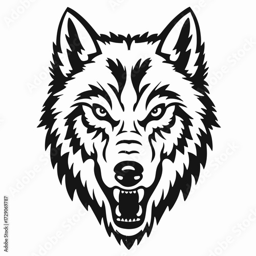 Striking black outline illustration of a fierce wolf head vector graphic silhouette white background