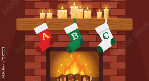 Festive fireplace with burning fire, stockings, candles and classic holiday decorations evoking