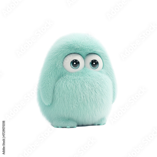 Cute aqua-surfaced fluffy creature with big eyes on white background