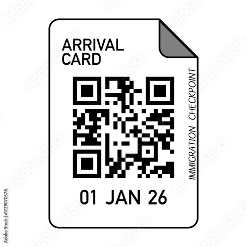 Black and white vector illustration of an arrival card featuring a QR code, date, and immigration checkpoint label. Suitable for travel, border control, and immigration-related designs.