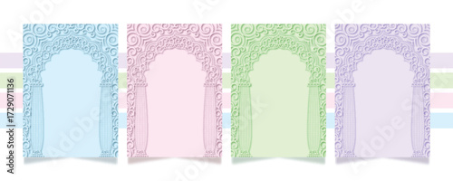 A set of four elegant, soft-toned backgrounds in pastel blue, pink, green and purple, featuring intricate, embossed Moroccan-style arches with a subtle 3D paper-cut effect.