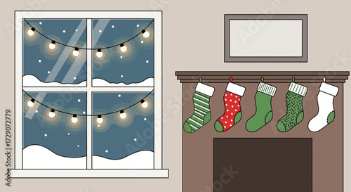 Cozy winter interior with illuminated window and festive stockings, ideal christmas ambiance