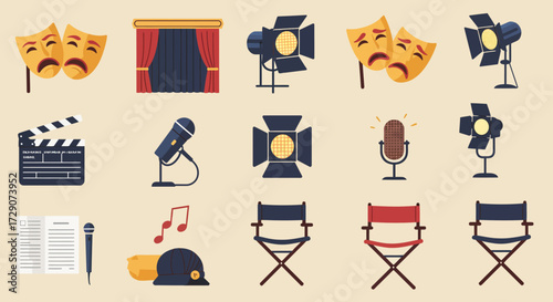 A collection of flat design icons related to theater and film production