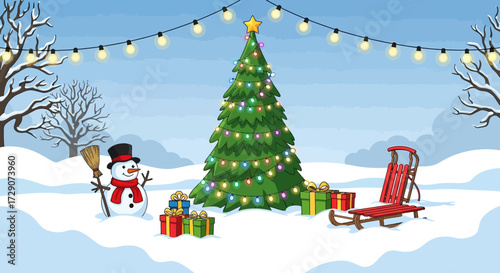Charming winter wonderland scene featuring a decorated Christmas tree, a friendly snowman and