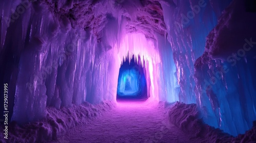 Illuminated Ice Cave Tunnel, Winter Wonderland, Frozen Landscape,  Pathway