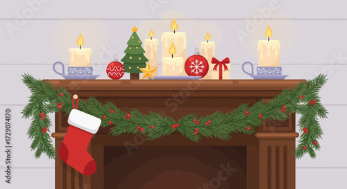 Holiday mantelpiece scene showcasing festive decorations and warm glowing candles atmosphere