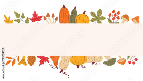 Autumn horizontal poster with decorative borders of leaves, pumpkins, mushrooms and berries in flat cartoon style. Seasonal harvest frame for fall festival, thanksgiving, banner or greeting card.