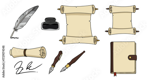 Collection of antique writing instruments parchment scrolls signature and bound journal