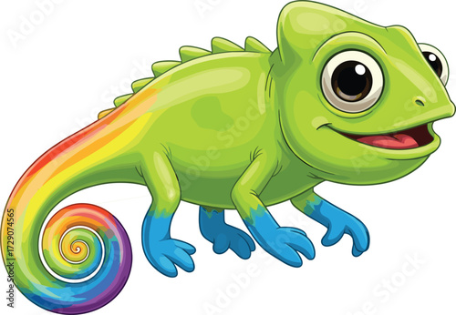 Colorful cartoon chameleon with rainbow tail, vibrant reptile character illustration for kids, education, wildlife, nature, zoo, and design projects