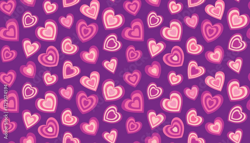 Seamless pattern with pink groovy Y2K heart shapes in flat cartoon style. Bright hand drawn clipart for textile, fabric, wallpaper, poster, background, decor, fashion and creative design projects.