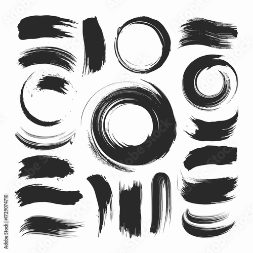 Diverse black ink brush strokes and circles vector graphics set scalable illustration silhouette white background